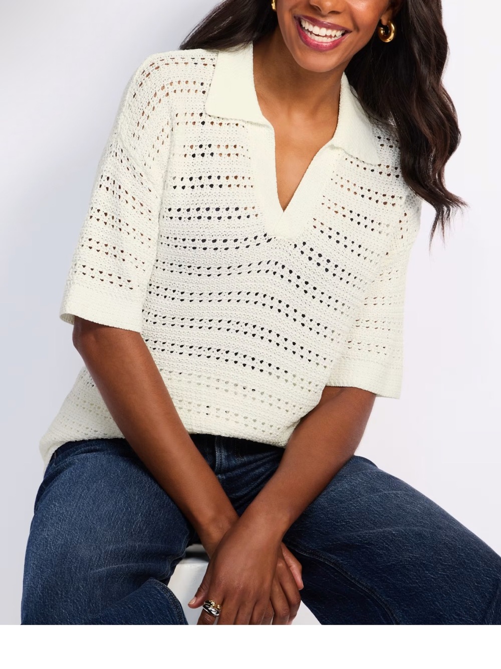 Cece Sportswear Open-Knit Polo Top